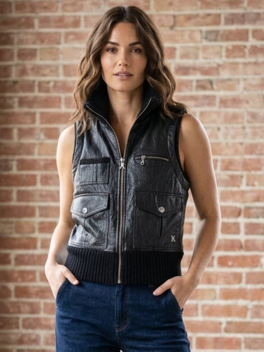 Hurley Leather Moto Vest Knit Trim Sherpa Fleece Lined Black 4 Pocket Sz M